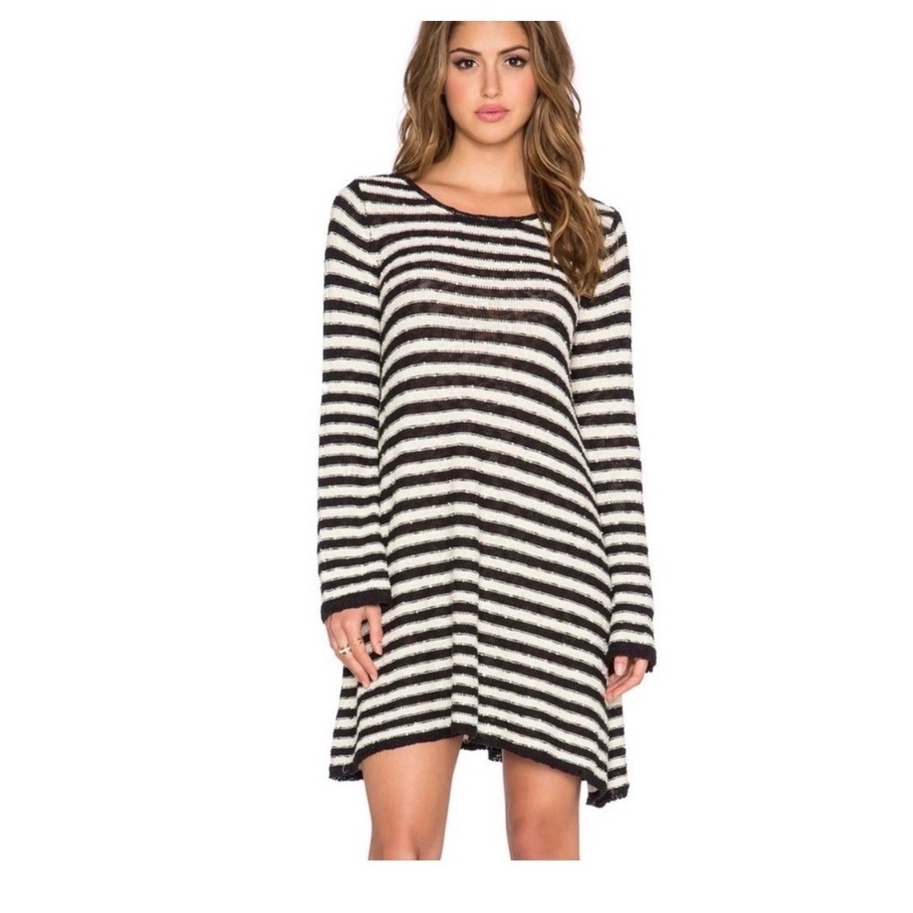Free People Counting Stripes Swing dress Black Cream V-Neck Small knit